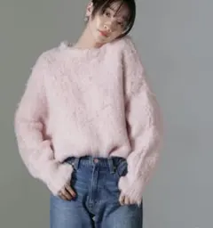 NANO universe カール起毛クルーネックニット ピンク フワフワ 長袖