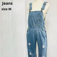 Jeans　ダメージデニムオーバーオール　M　サロペット　ゆったり　古着a471