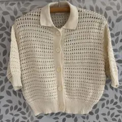 アイボリー レース編み 半袖カーディガン