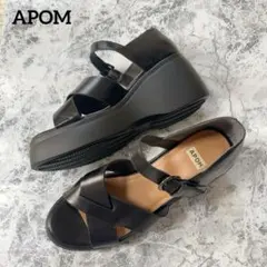 APOM アポム　クロスストラップウエッジサンダル　黒　厚底　レザー　23.5