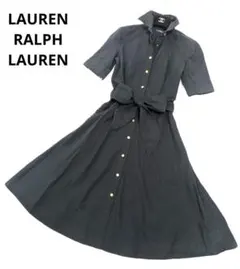 ローレンラルフローレン シャツワンピース 膝丈 ウエストリボン 黒 金ボタン