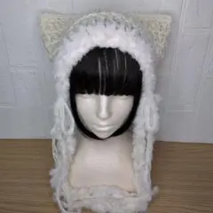 手編みの猫耳ニット帽❗️あご紐付き、y2k