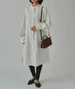 シルクタッチスタンドカラーロングシャツ