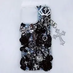 iPhone15promax デコ電 デコケース 黒 水色 地雷系 ゴスロリ