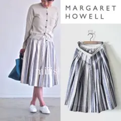 新品タグ付 マーガレットハウエル コットンリネン ストライプフレアスカート完売品