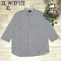【TK MIXPICE】メンズ　7分袖ストライプ　コットンシャツ　カジュアルXL
