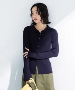 襟付きリブニットカーディガン　Dark Navy