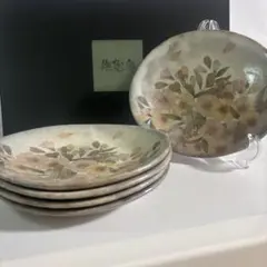 【未使用】撫松庵 「八重桜」陶器 銘々皿揃5枚 楕円皿 オーバル