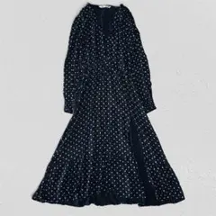 ZARA ザラ　ドットプリントワンピース　フロントスリット　ロング　長袖　黒