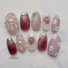 現品【№106】花柄 リボン マグネット ゴールド ネイルチップ ピンク 