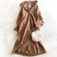 美品 MHL. コットンリネン ロング丈 シャツワンピース◆ブラウン