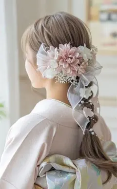 成人式　髪飾り　卒業式　結婚式　リボン　ピンク　ドライフラワー　ヘッドドレス