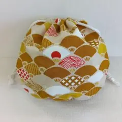 2『巾着』扇柄 オレンジ ベージュ まんまる 紐付き 小物入れ マルチ