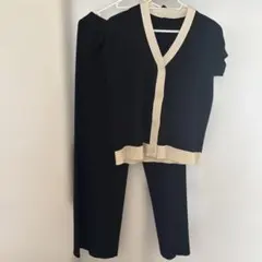 黒/アイボリー 春夏ニットパンツセットアップ Mサイズ