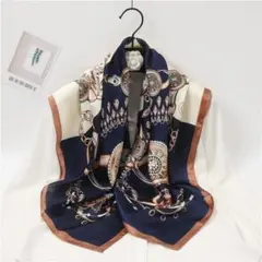 大判＊90㎝】スカーフ 正方形 シルクタッチ ネイビー ホワイト シルク調 紺