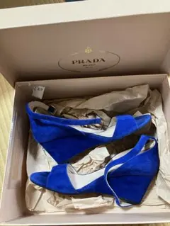 PRADA 青 スエード ウェッジヒール サンダル