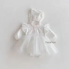 ベビードレス　チュールワンピース誕生日　80相当　白衣装　結婚式　女の子　帽子
