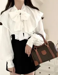 ボウタイブラウス　入学式　卒業式　オフィスカジュアル　フリルブラウス　白ブラウス