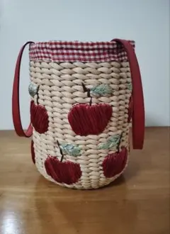 ハンドメイド かごバッグ 刺繍りんご ギンガムチェック 赤
