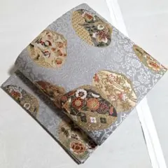 C◆着物くつろぎ 貝遊び 金糸 グレー 菊唐草 七宝 六通 正絹 袋帯09