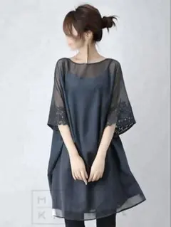 透け感チュニック 五分袖＊紺