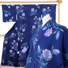 格安！【美品】浴衣　夏物　花柄　紺色 綿素材　159cm 夏祭り