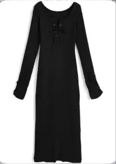 GRL レースアップ袖ギャザーリブタイトロングワンピース[ru1269]