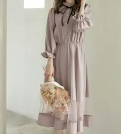 新品タグ付き★チュール切替フリルプチハイネック7分袖ワンピース[tg459]