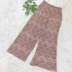 lutique ワイドイージープリーツパンツ　総柄　ブラウン　Ｌ　ウエスト総ゴム