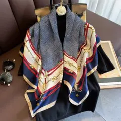 ラスト１点！【新品】大判 スカーフ 90cm 正方形 シルクライク馬具柄ベージュ