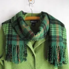 マフラー　ストール　チェック柄　ウール　グリーン　フリンジ付き　防寒