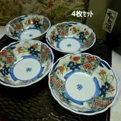 ⑦其泉　染錦 古伊万里　菖蒲・桜・菊文　菊割 浅鉢　4枚