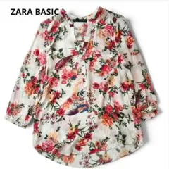 ZARA BASIC　ノーカラースキッパー　ブラウス　総柄　花柄　鳥　Мサイズ