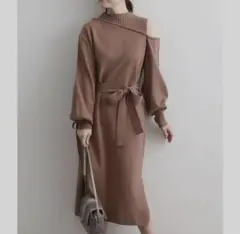 【VIS】ベルト付きレイヤード風肩開きニットワンピ