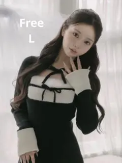 Darich リボンファーフレアニットミニワンピース　Free L