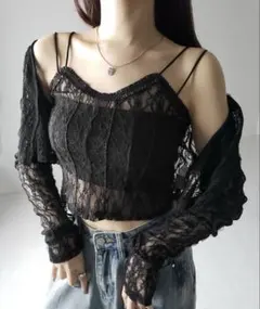 チュールドッキングレースキャミソール ＋ ショートカーディガン ２点SET