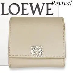 【美品】ロエベ　アナグラム　レザー　二つ折り財布　　ベージュ　1044