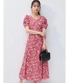 MERCURYDUO フラワーパフスリーブワンピース 花柄Vネックマキシドレス