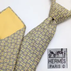 【美品】HERMES　ネクタイ　H柄　シルク100% イエロー　肉厚