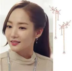 【新品】ゴールド フラワーリーフ クリスタル花 2way ピアス 韓国