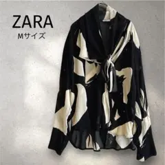 美品✨ZARA ザラ 抽象柄 ボウタイ シフォンブラウス Mサイズ