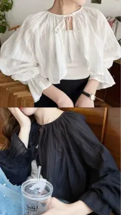 2枚セット ドビーストライプ2WAYスリーブ クロップド丈ショートカーデブラウス