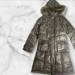 ファー付き ダウンコート ロング丈 フード付き ゴールド系 防寒 レディース