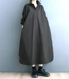 黒　袖ギャザー　シャツ　薄手　ロングワンピース　体型カバー　Aラインワンピースのサムネイル