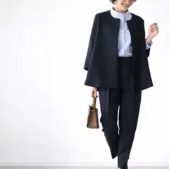 ノーカラースーツ パンツスーツ L フォーマル 入学式 卒業式 上品 体型カバー