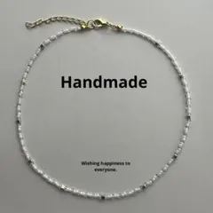 ハンドメイド ビーズネックレス クリア＆ゴールド