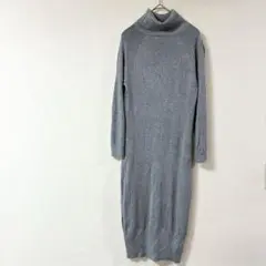 【カシミヤ・アンゴラ混】タートルネック ニットワンピース 透かし編み グレー