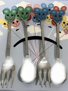 ディズニー　スプーン　フォーク　ミッキー  バルーン　青　緑
