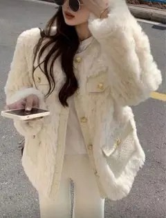 シャンルック ボア ノーカラージャケット ファージャケット ホワイト ベージュ