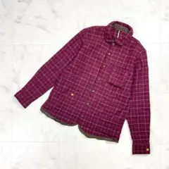美品 フラボア ウール混 丸襟チェックシャツ 長袖 エンジ 赤 1*JD1059のサムネイル